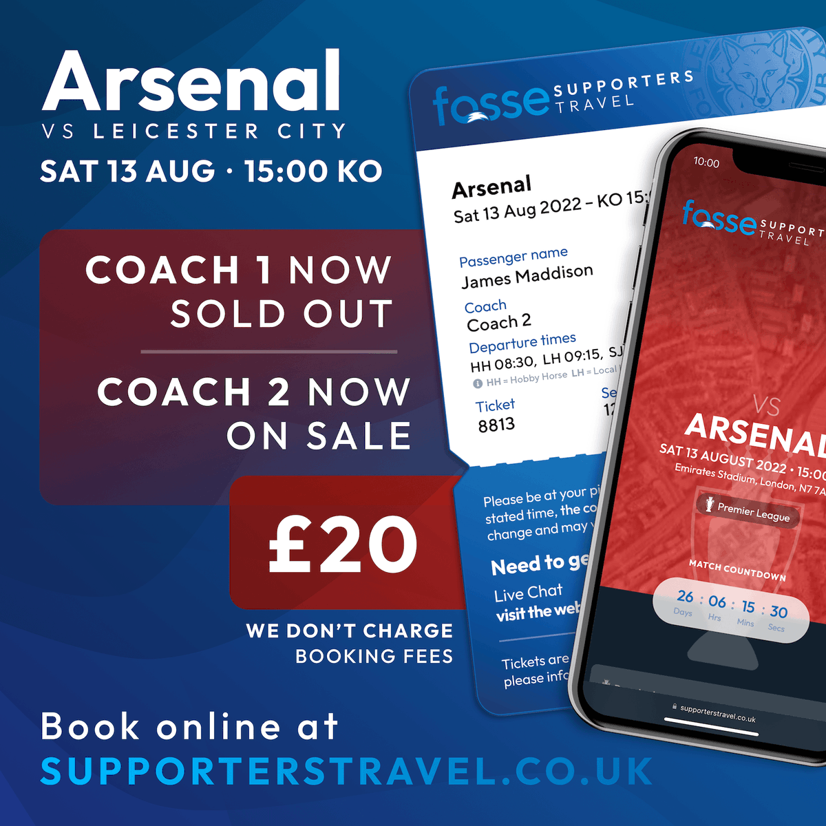 SupporterTravel's tweet photo. Coach 1 for Arsenal vs Leicester City on 13 August has sold out, Coach 2 is now on sale. Seats are £20 and have ZERO booking fees.
Choose from our three pickups which are Hobby Horse, Local Hero, or Sturgess Jaguar.
Book online at https://t.co/xS96VhG5Te
#lcfc #leicestercity https://t.co/5AImuLPfmE