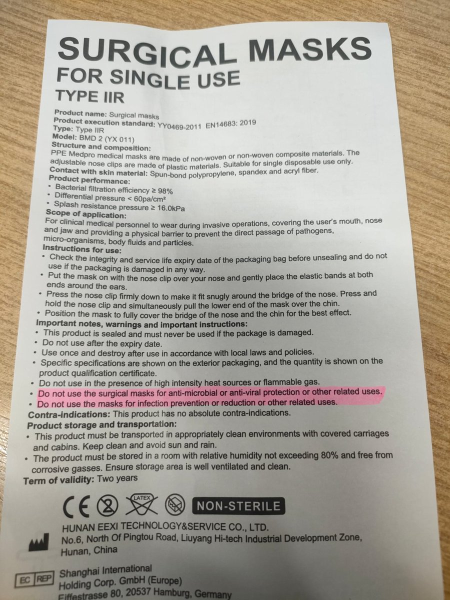 This is the actual safety leaflet from a box of masks staff at a UK hospital are forced to wear "for Covid"

<a href="/AmandaPritchard/">Amanda Pritchard</a> @JudithPagetCEO @Carolineslamb @RobinSwannMoH <a href="/SteveBarclay/">Steve Barclay</a> ongoing masking in hospitals is an embarrassment 
#MoveOnFromMasks