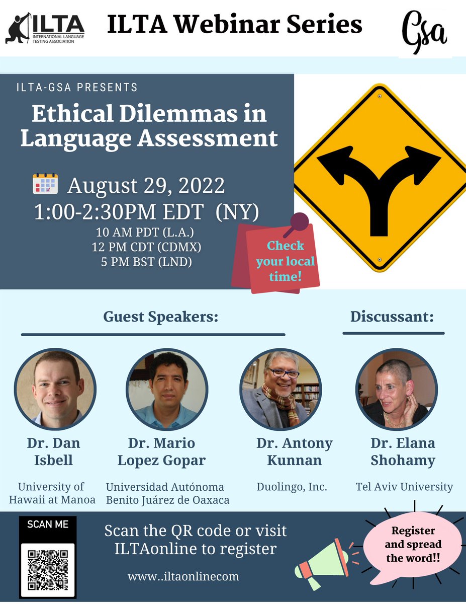 On Aug 29, <a href="/iIta_gsa/">ilta-gsa</a> will host the webinar “Ethical Dilemmas in Language Assessment” feat. talks and discussions led by guest experts from around the world. 
Don’t miss what is sure to be a thought-provoking event!
#ILTAonline 
#ILTAWebinarSeries 
#ILTAGSA