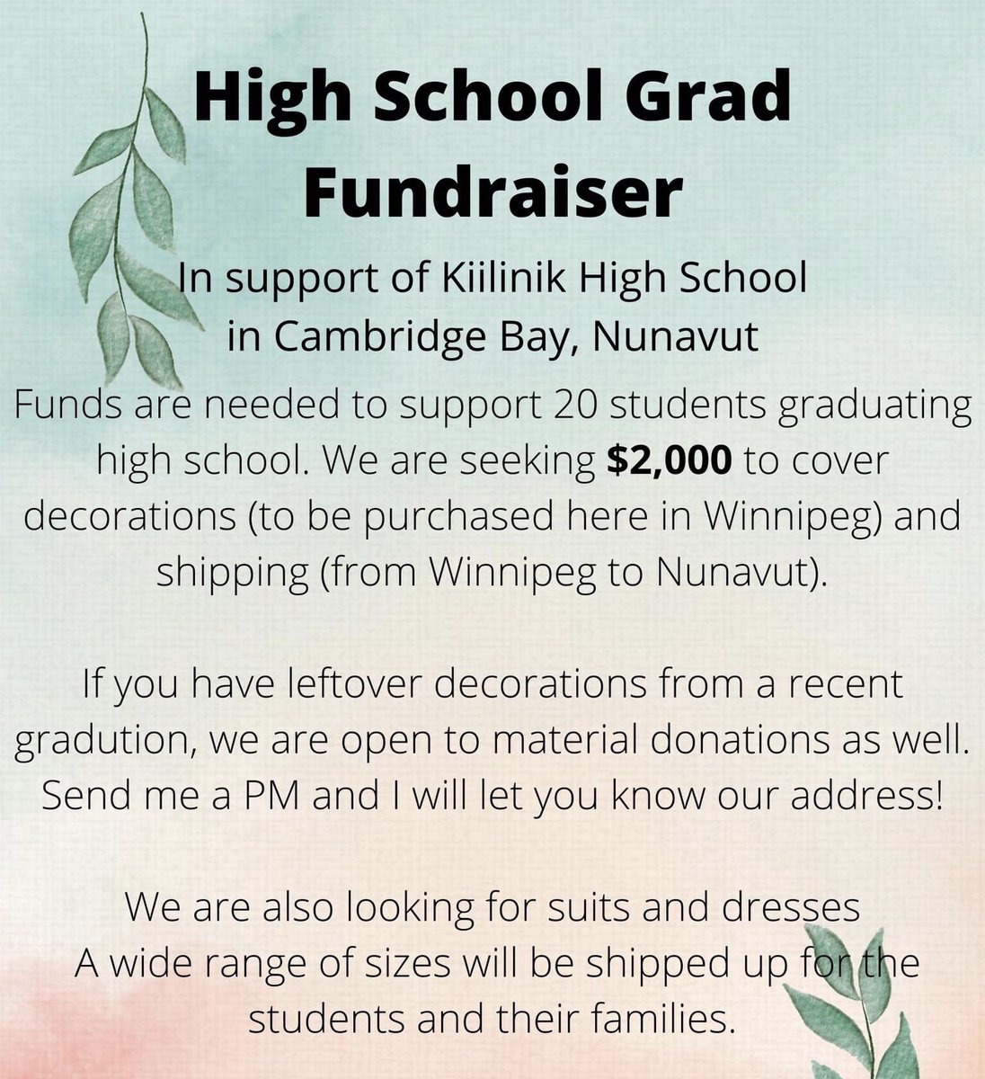 Twitter came through last time I did a fundraiser.

Accepting cash donations to support Gr 12s graduating high school in Cambridge Bay in Nunavut, which will be put towards cost of decorations &amp; shipping. 💕

Dnowosad@uoguelph.ca