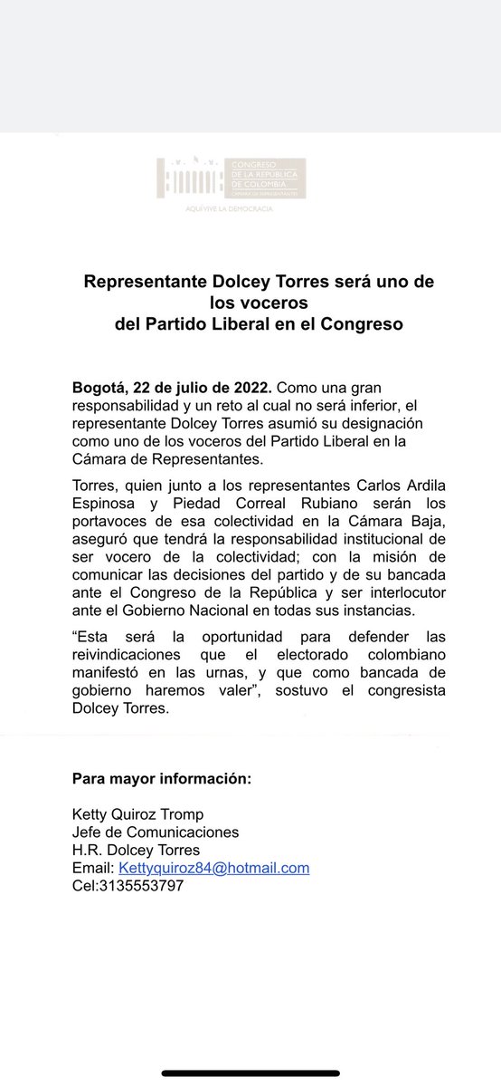 Tengo la enorme responsabilidad de ser uno de los voceros del <a href="/PartidoLiberal/">Partido Liberal</a> 🚩🚩🚩en la <a href="/CamaraColombia/">Cámara de Representantes de Colombia</a>. 

#AtlánticoEnElCorazón 

⬇️⬇️⬇️