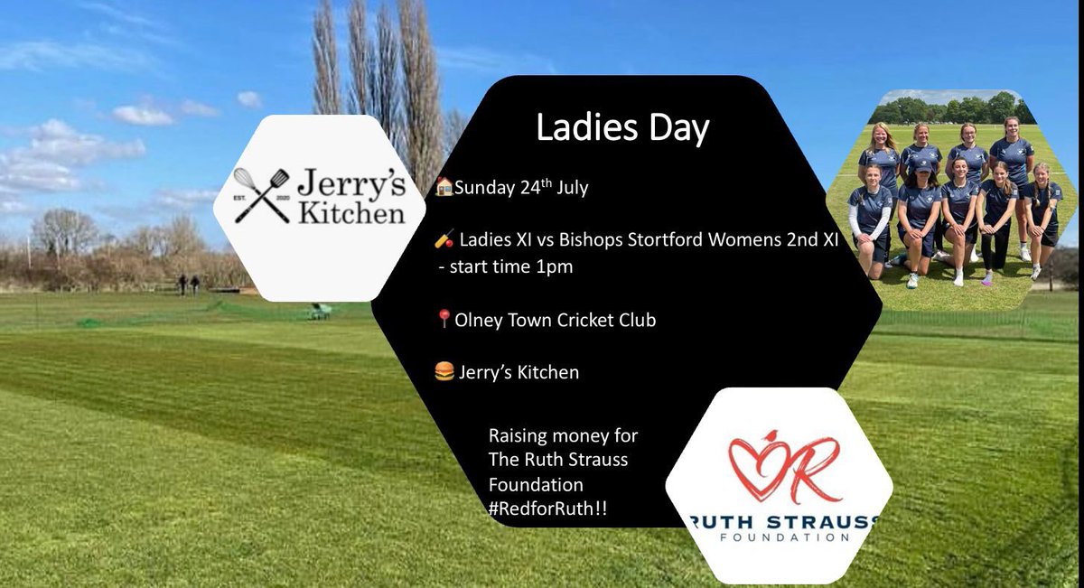 olney_cc's tweet photo. 👩🏻‍🤝‍👩🏼 LADIES DAY 💁‍♀️

- Supporting The Ruth Strauss Foundation #RedforRuth 🔴 

- Jerry’s Kitchen will be in attendance offering Chicken Gyros, Wraps, Hotdogs &amp; Chips

- Raffle 🎉 

Hopefully see as many of you as possible down supporting this weekend 🤞🏻 https://t.co/u90rluMX6f
