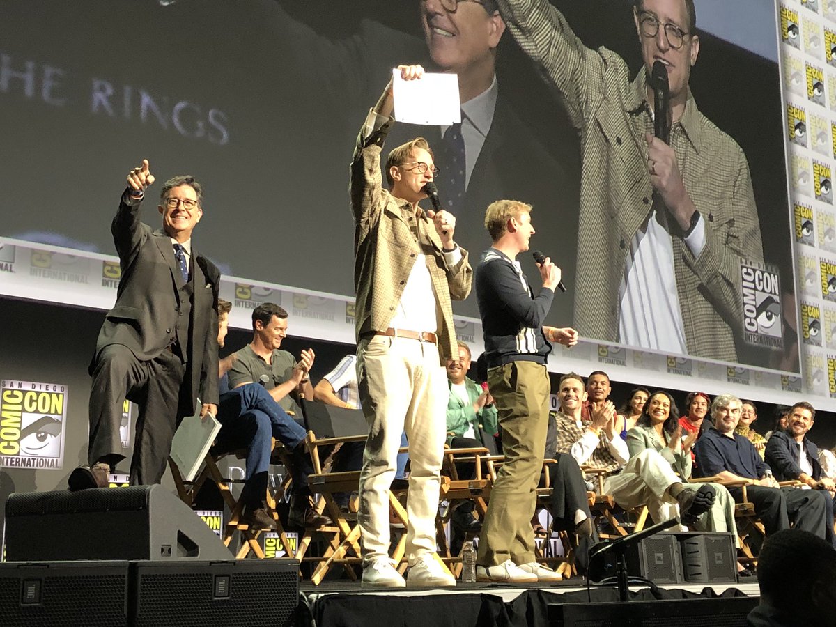 SD_Comic_Con's tweet photo. They brought back out the entire group for audience Q&amp;A, and the final question was “can you guarantee @smcolbert a part in the series?” (The answer was yes) #SDCC https://t.co/ni2HuyOdmR