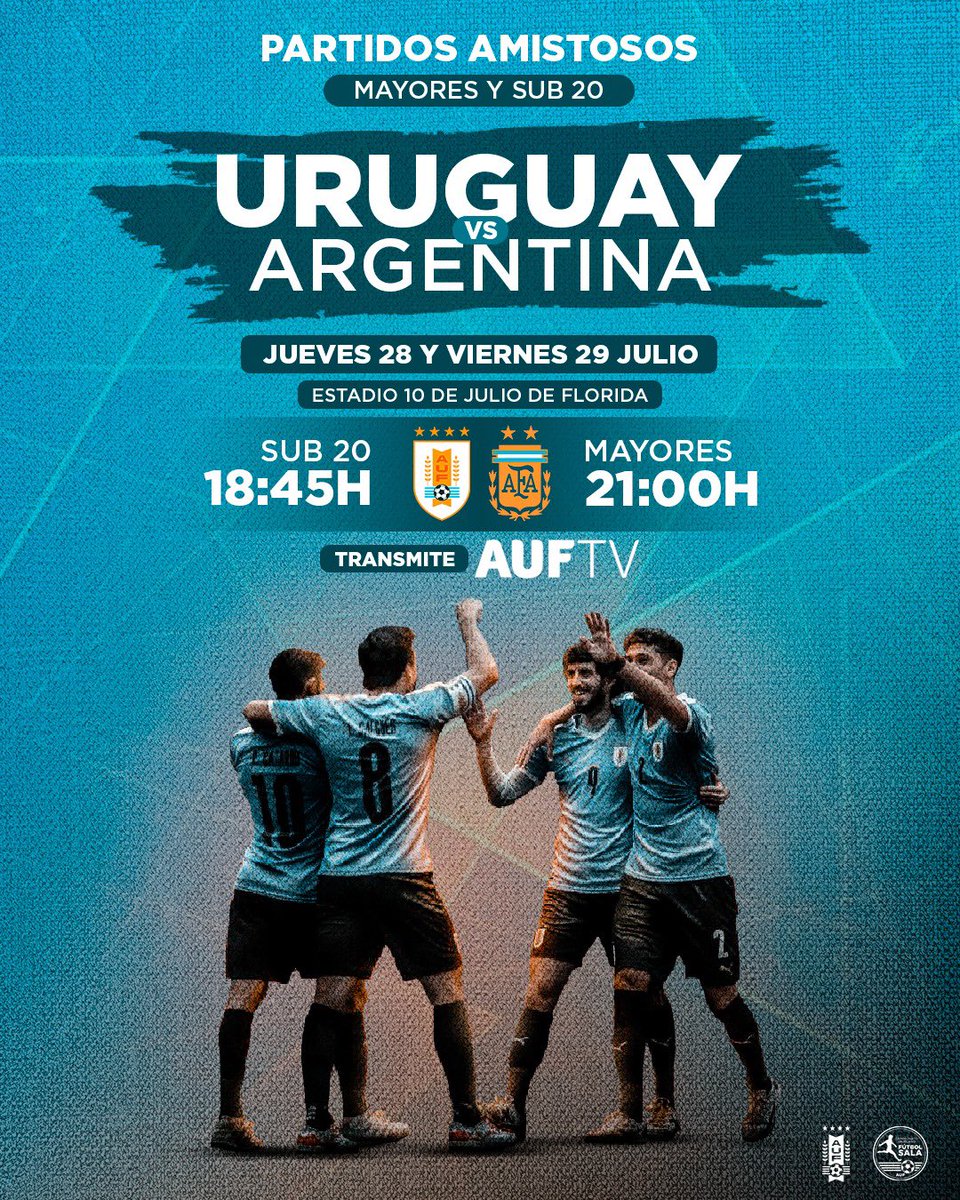 𝗔𝗠𝗜𝗦𝗧𝗢𝗦𝗢𝗦 𝗜𝗡𝗧𝗘𝗥𝗡𝗔𝗖𝗜𝗢𝗡𝗔𝗟𝗘𝗦

URUGUAY 🆚 ARGENTINA 
#Mayores #Sub20

🗓 28/7 y 29/7
⌚️ 18:45H #Sub20 y 21H #Mayores
🏟 10 de Julio, Florida
🖥 AUF.TV

#ElEquipoQueNosUne