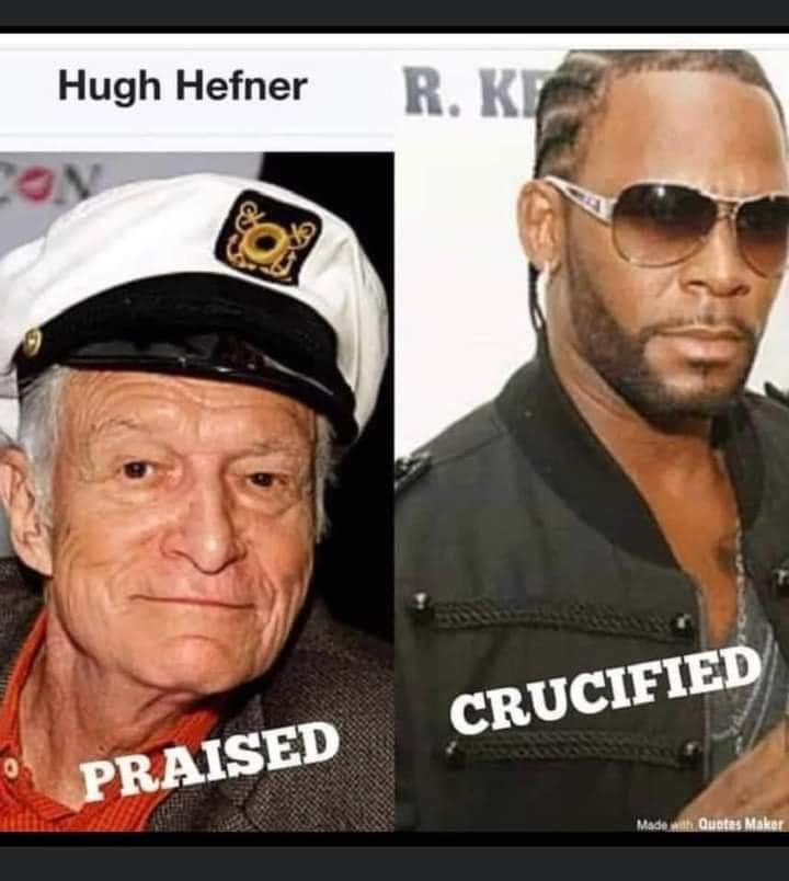 DNNraw's tweet photo. There is only one reason why R. Kelly is crucified and imprisoned, and Hugh Hefner is glorified and praised! 
#RKelly 
#HughHefner 
#MeToo https://t.co/zouEFn4xsk