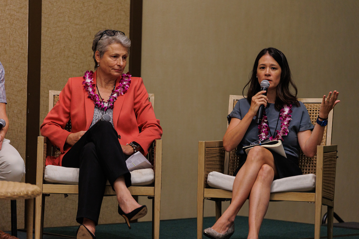 HwnElectric's tweet photo. Hawaiian Electric is helping decarbonize transportation with electric cars and buses as the company’s  grids become cleaner and cleaner, Aki Marceau, Electrification of Transportation director tells the @hawaiibusiness Leadership Conference https://t.co/XFAp5IzYnD