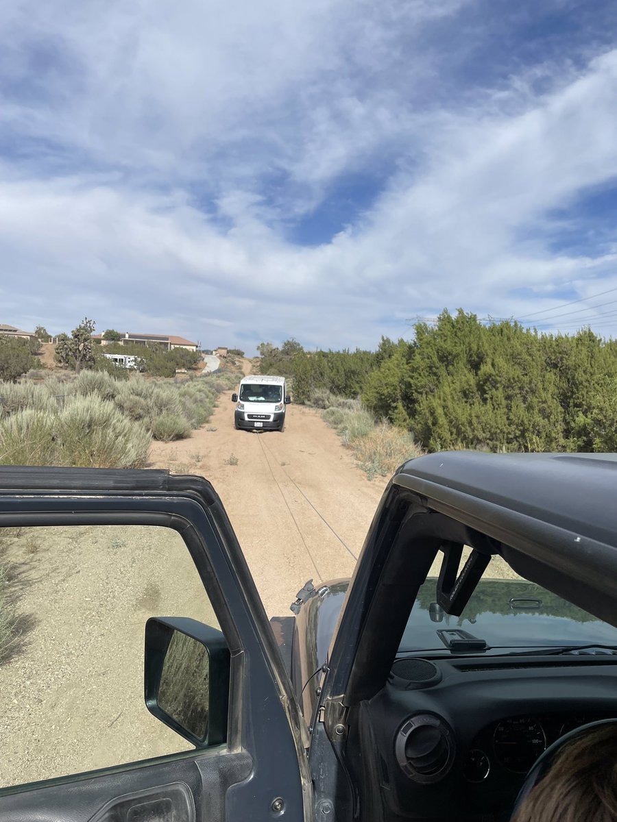 Graychik's tweet photo. Desert Recovery: #OakHills #Hesperia (22-45) Delivery driver following #badGPS advice got stuck in sandy spot. A little fancy winch work from Ethan and the package were back on their way! #unstuck https://t.co/XgGeR8Ps0c
