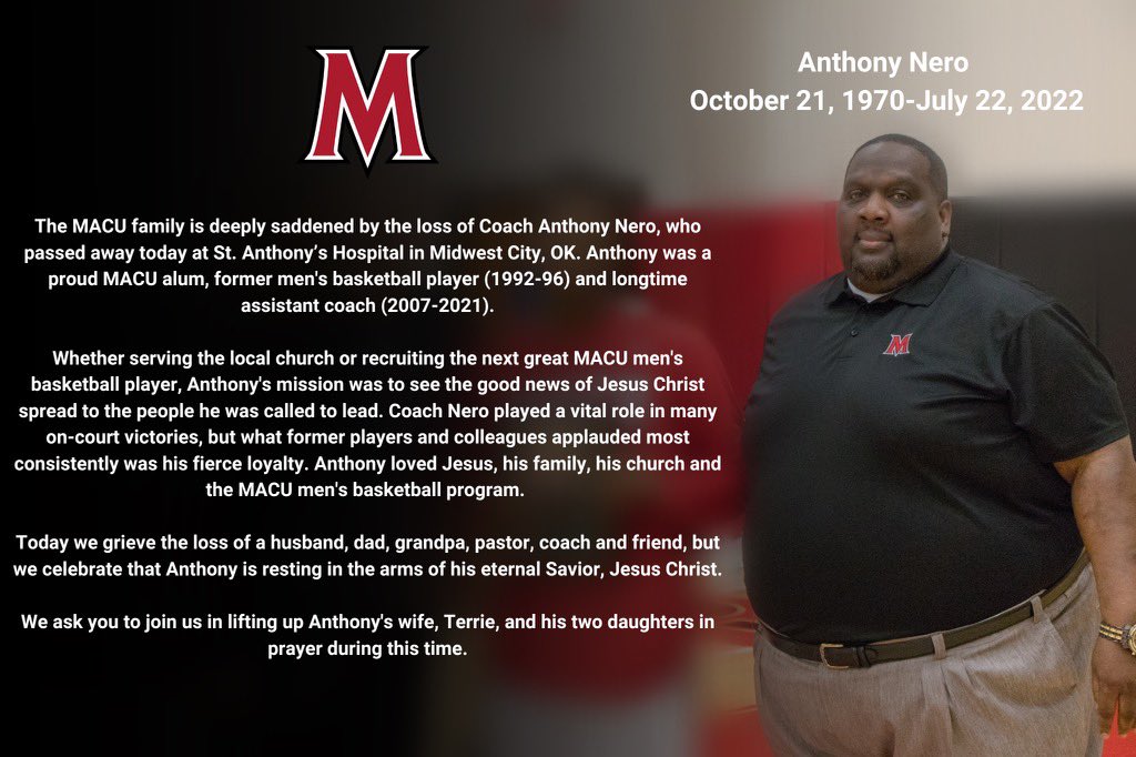 MACUathletics's tweet photo. Today we grieve the loss of a husband, dad, grandpa, pastor, coach and friend but we celebrate that Coach Nero is resting in the arms of his eternal Savior, Jesus Christ. 

Please lift up his wife, Terrie, and two daughters in prayer during this time. https://t.co/qQUtCHQOeq