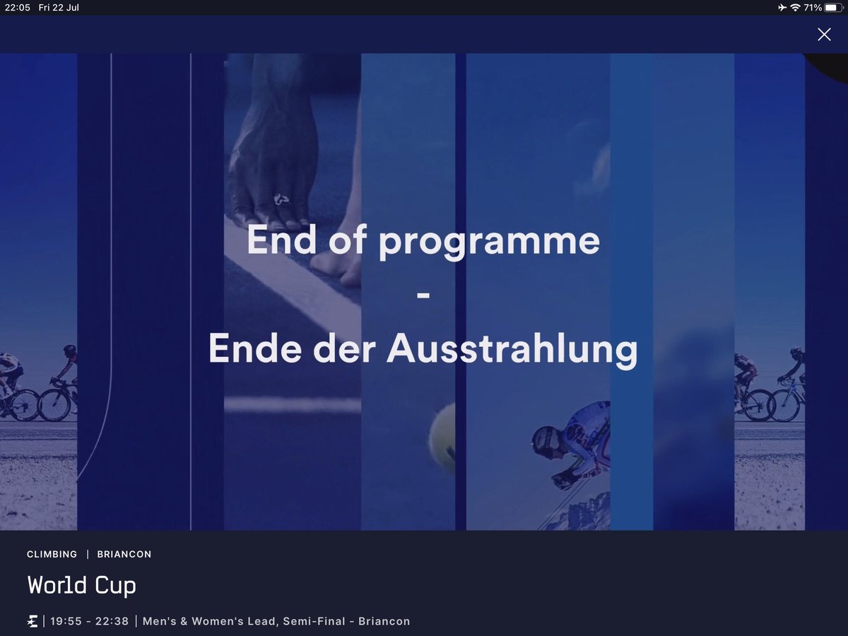 moojca's tweet photo. When you just wanna watch semis of the world cup but paid stream gets cut before the last 7 climbers 🤷🏻‍♀️🤦🏻‍♀️
Great promotion of sports climbing 👏🏻 
Hopefully this won’t repeat in the finals … #IFSCwc #BrianconWC https://t.co/RwUEhQglMg