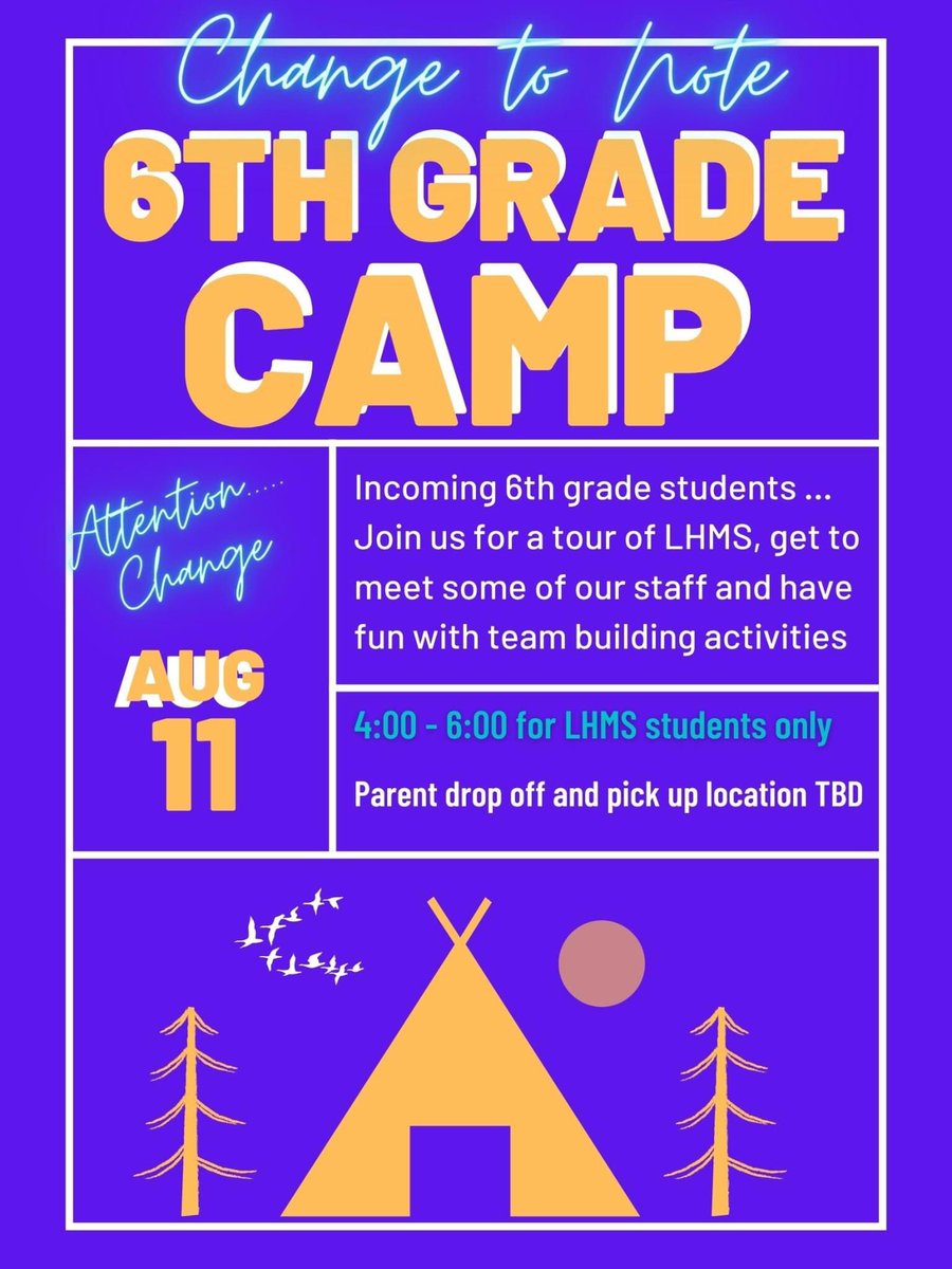 Liberty Hill Middle School (@libertyhillms) on Twitter photo ATTENTION all Incoming 6th Graders.... NOTE the DATE and TIME change for our LHMS 6th Grade Camp!!!!
New Date/Time ... August 11 from 4-6pm!
<a href="/lhisdcomms/">LHISD Communications</a> <a href="/BillBurdenElem/">Bill Burden Elem.</a> <a href="/LouineNobleElem/">Louine Noble Elementary School</a> @lhespanthers ATTENTION all Incoming 6th Graders.... NOTE the DATE and TIME change for our LHMS 6th Grade Camp!!!!
New Date/Time ... August 11 from 4-6pm!
<a href="/lhisdcomms/">LHISD Communications</a> <a href="/BillBurdenElem/">Bill Burden Elem.</a> <a href="/LouineNobleElem/">Louine Noble Elementary School</a> @lhespanthers