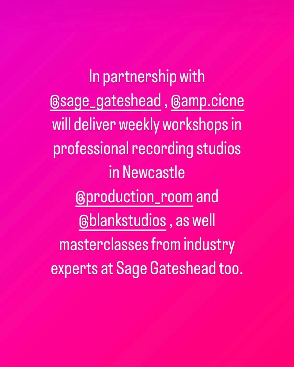 ampcicNE's tweet photo. To find out more about our new programme with @Sage_Gateshead called ‘Making Tracks’ - join us at one of our taster events on 8th August at @ProductionRm_NE or 9th August at @BlankStudios 

Sign up at https://t.co/xiaRo6fphe https://t.co/iqMAF05ZTz