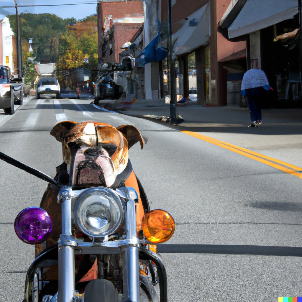 ytrkptl's tweet photo. I asked OpenAI's DALL·E the following prompt and here are the images it generated:

"A bulldog riding a motorcycle on downtown mainstreet in Tazewell, Virginia" #openai #dalle2 #Tazewell https://t.co/NepbnCKH9x