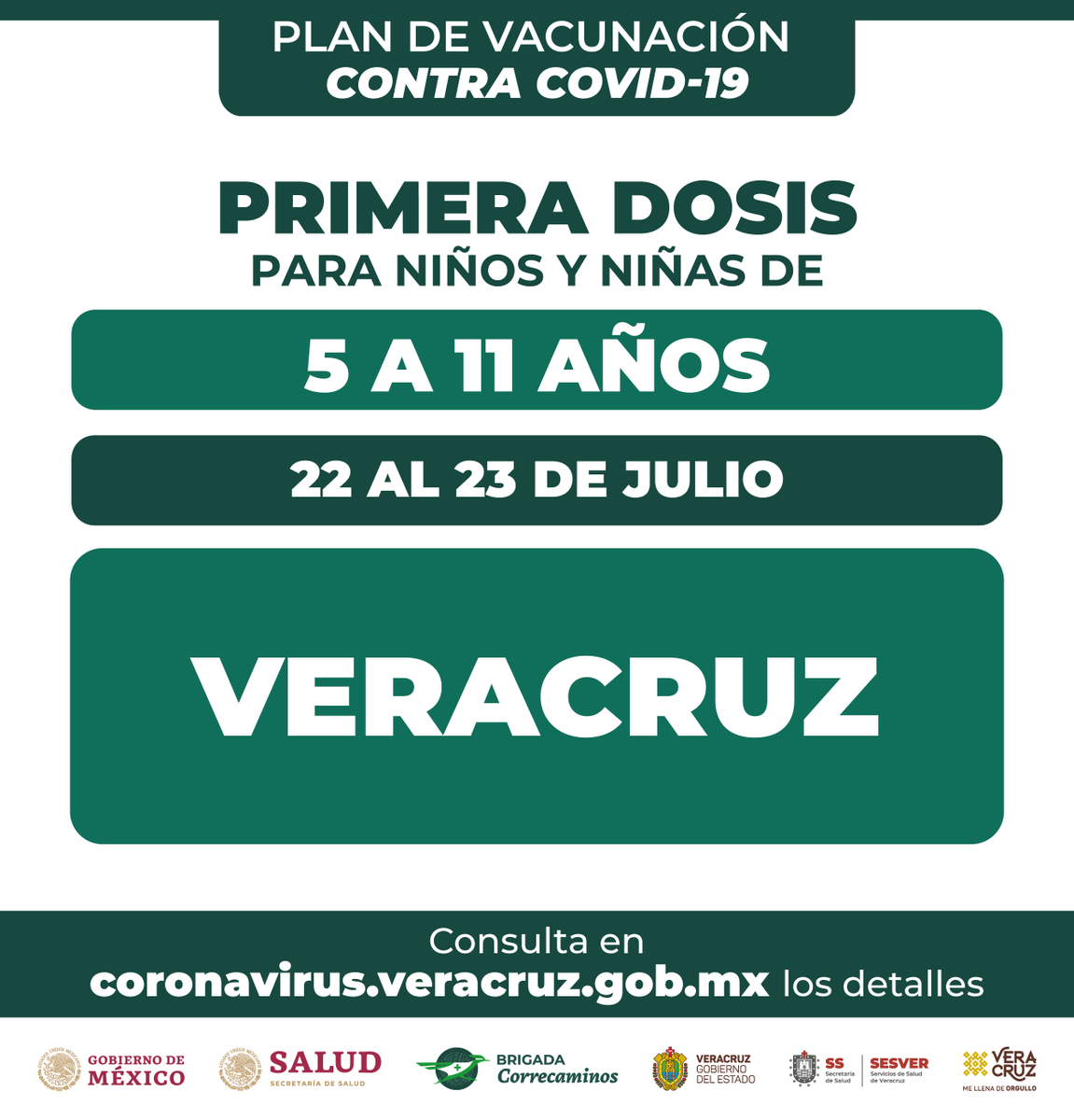 SSALUDVeracruz's tweet image. 📢 Recuerda que mañana sábado 23 de julio se continuará con la aplicación de la vacuna contra COVID-19 🦠 a niñas y niños 🧒🏻💉 de 5 a 11 años en el municipio de Veracruz.