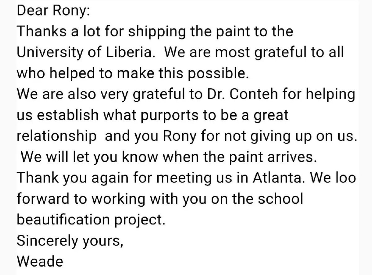 RonyDelgarde's tweet photo. My eyes are brimming with tears, after  a thank you letter from the University of Liberia one of the recipients of free paint program. I feel so grateful for my team, Board, donors, and everyone who made all these beautiful moments @globalpaints possible!
Thank you 🙏🏿🧡💙💛❤💚💜 https://t.co/WWUIhx7wq1
