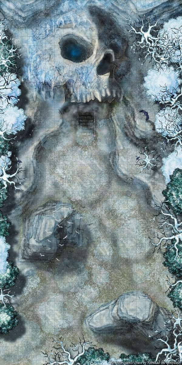 NebukadC's tweet photo. New Map - "The Frost Titans Grave" a 20x40 encounter map at the entrance to a Frost Mage/Necromancy Dungeon. 

#fantasymaps #dnd #dnd5e #battlemap #wintermap #dungeon #TTRPGmap #inkarnate #mapmaking https://t.co/rfmQee5j6R