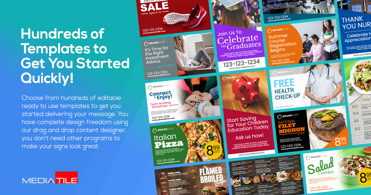 Choose from hundreds of editable ready to use templates to get you started delivering your message. Our template library is ever-growing. Don't see one that you fits your needs? Let us know, and our design team can assist. #digitalsignageCMS

Learn more >> mediatile.com/digital-signag…