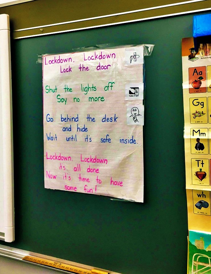 Kaylan_TX_'s tweet image. Kindergarten Active Shooter Drill Song

*to the tune of twinkle twinkle little star*

🎶Lockdown, lockdown, lock the door
Shut the lights off, say no more
Go behind the desk and hide
Wait until it’s safe inside
Lockdown, lockdown, it’s all done
Now it’s time to have some fun!🎶😭