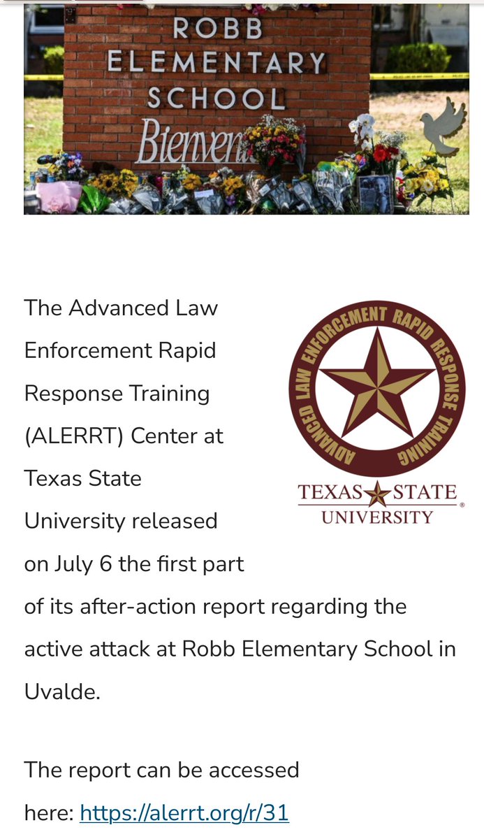 ALERRT has released first part of AAR for the Uvalde school shooting. 

Some highlights for me: potential door lock issues, officers losing momentum, and ineffective establishment of incident command.

Good opportunity to learn from this incident. #Uvalde

news.txst.edu/inside-txst/20…
