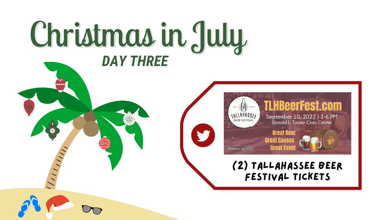 Happy Monday and Day 3 of our Christmas in July giveaways! Want to enter to win 2 tickets to the <a href="/TLHBeerFestival/">TLHBeerFest</a>? All you need to do is follow our page and retweet this tweet! Winner will be chosen 7/26 at 10AM. Good luck!