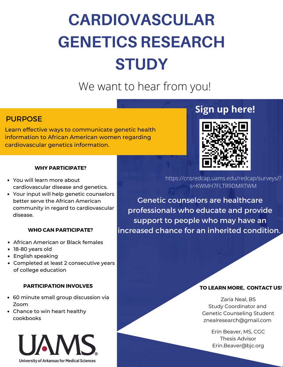 _ZisforZaria's tweet photo. Research Volunteers Needed! 

Zaria Neal, second year UAMS Genetic Counseling student, is looking for Black or African American women to participate in her graduate thesis project.

If you are interested in participating, please sign up with this link: https://t.co/0EetbnF71t https://t.co/WdMEICwFo9