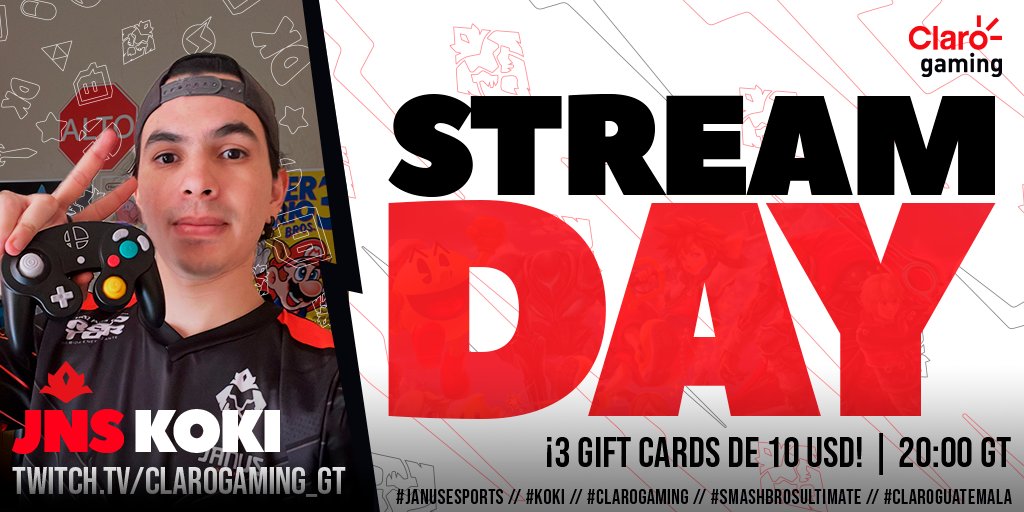 ¡CLARO que hoy jugamos #SmashBros! Acompaña a <a href="/KokiQZD/">Koki ⁶𓅓</a> esta noche y no te pierdas de INCREÍBLES PREMIOS 🥵🔥

📺 twitch.tv/clarogaming_gt
🕕 20:00 🇬🇹 | 21:00 🇲🇽
 ¡3x GIFT CARDS DE 10 USD! 💰🔥

#JANUSFORCE🔴⚫ #CLAROGAMING 🇬🇹