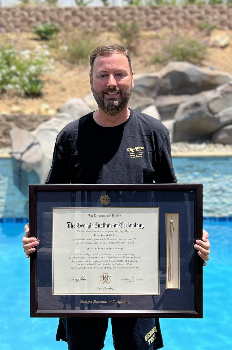 bgib2610's tweet photo. Happy Friday! I opened the mail to find this awesome t-shirt from @gtomscyber #GeorgiaTechCybersecurity, so why not get the diploma out and take pictures by the pool πββοΈ! https://t.co/xHZEOroNN3