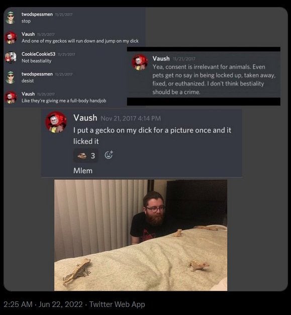 HourlyLizards's tweet image. // beastiality , zoophilia , animal abuse

idk who vaush is, but i see some people i know are following him, and good god Please Do Not