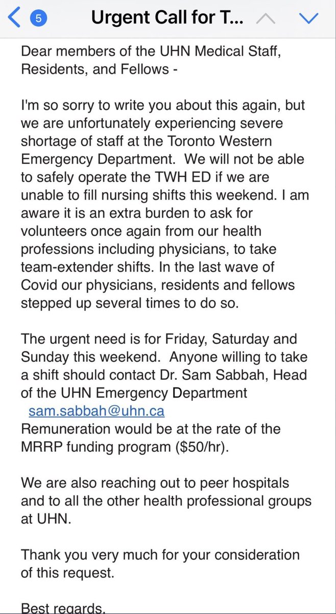 Jonathan Sher (@sheronhealth) on Twitter photo One of Canada's busiest emergency departments can not operate safely this weekend unless docs fill in needed nursing shifts - and it's not the first time.
Toronto Western Hospital has sent out a message asking docs, residents and fellows at <a href="/UHN/">University Health Network</a> to "volunteer" at $50/hr.
1/5 One of Canada's busiest emergency departments can not operate safely this weekend unless docs fill in needed nursing shifts - and it's not the first time.
Toronto Western Hospital has sent out a message asking docs, residents and fellows at <a href="/UHN/">University Health Network</a> to "volunteer" at $50/hr.
1/5