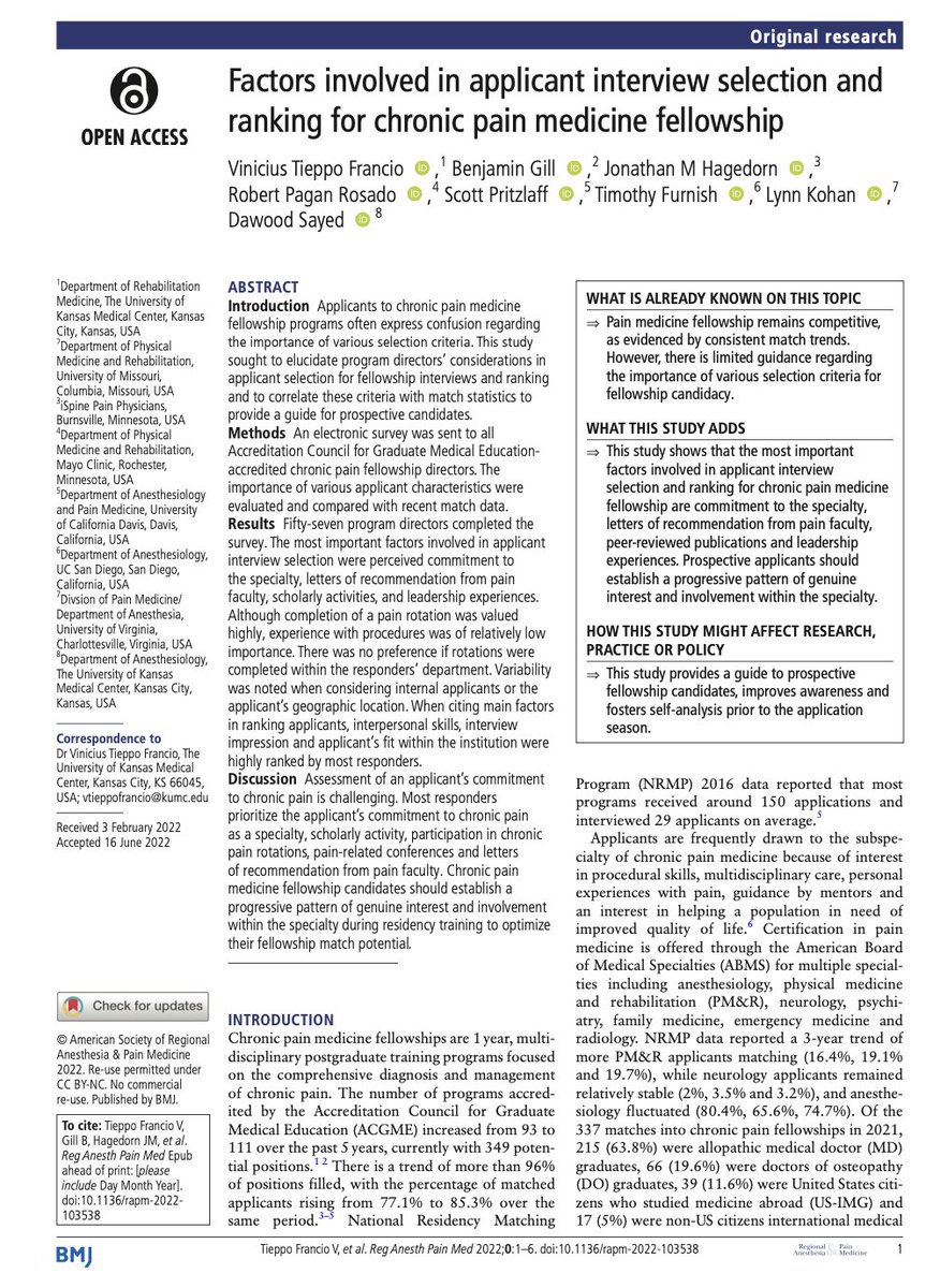 Vinny Francio, MD (@vinnyfranciomd) on Twitter photo Our recent study <a href="/RAPMOnline/">Regional Anesthesia & Pain Medicine</a> is now OPEN ACCESS! We hop this study provides a guide to prospective fellowship candidates, improves awareness and fosters self-analysis prior to the application season! #PainMedicine Click here to download it for free➡️ rapm.bmj.com/content/early/… Our recent study <a href="/RAPMOnline/">Regional Anesthesia & Pain Medicine</a> is now OPEN ACCESS! We hop this study provides a guide to prospective fellowship candidates, improves awareness and fosters self-analysis prior to the application season! #PainMedicine Click here to download it for free➡️ rapm.bmj.com/content/early/…