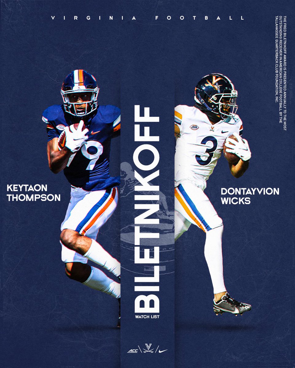 Virginia Football (@UVAFootball) on Twitter photo 2022-07-22 21:22:04 ๐๐ผ๐๐พ๐๐๐๐๐ ๐๐๐๐ Congrats to @Thompson_Kt5 and @WicksDontayvion for being named to the @biletnikoffawrd watchlist! #GoHoosโ๏ธ ๐๐ผ๐๐พ๐๐๐๐๐ ๐๐๐๐ Congrats to @Thompson_Kt5 and @WicksDontayvion for being named to the @biletnikoffawrd watchlist! #GoHoosโ๏ธ