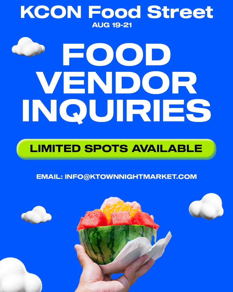 ‼️ KCON FOOD STREET VENDOR APPS ‼️
KCON LA will be on August 19-21 at the LA Convention Center! 🍗🥓🍢🍦🧋

Limited Spots Available.
Please email info@ktownnightmarket.com for more information!