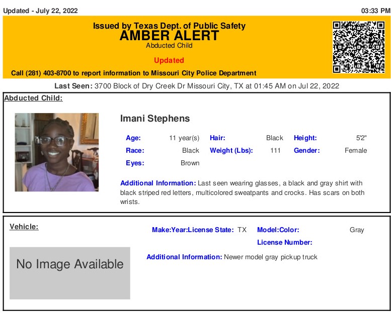 TXCenter's tweet image. Updated Amber Alert from Texas DPS. No suspect info available at this time, law enforcement continues their investigation.