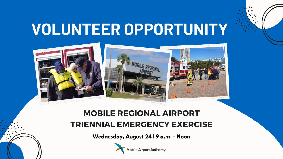 VOLUNTEER OPPORTUNITY: Mobile-area agencies will come together next month to sharpen their response to an emergency at the Mobile Regional Airport. We need volunteers to serve as victims, onlookers, friends &amp; family. ✈🚨
If interested, contact: Peaches McCreary, Airfield Oper...
