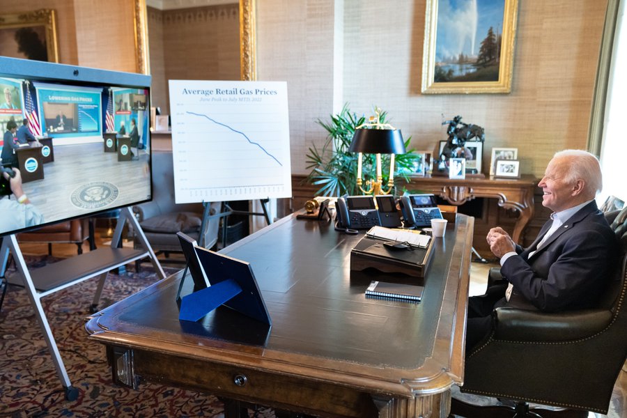 President Biden meets virtually with his economic team on the progress being made to lower gas prices.