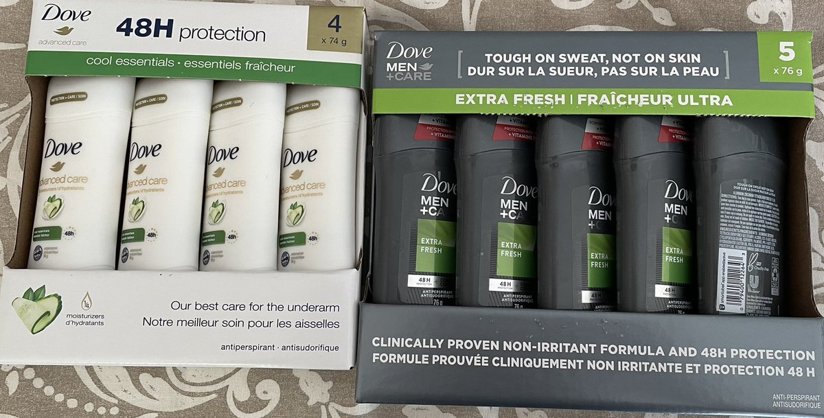 LuanneSWarren's tweet photo. Both of these packs of deodorant cost $18.99. The ‘man’s’ comes with 5,  and the ‘woman’s’ comes with 4. That’s just a little bullshitty. And, yes, I know I could just buy the men’s as they’re probably identical, but that is not my point.@costcocanada https://t.co/LPlarZTuMF