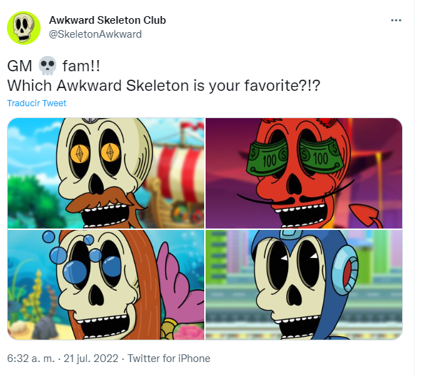 Colección de la semana #1

Todas las semanas con <a href="/blastriade/">Blastriade</a> y @bySanchy nos compartimos una colección NFT. Solo porque sí. 

/<a href="/SkeletonAwkward/">Awkward Skeleton Club</a>  #coleccionNFT