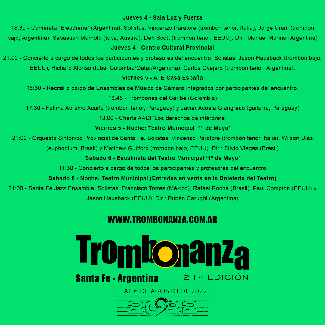 TROMBONANZA 2022 !!! 21ª Edición !!!
Le compartimos el  resumen de todos los conciertos de Trombonanza 2022. Compartilo y ayuda a difundir nuestras actividades !!!
Te lo vas a p#eufonio
Visitanos en trombonanza.com.ar