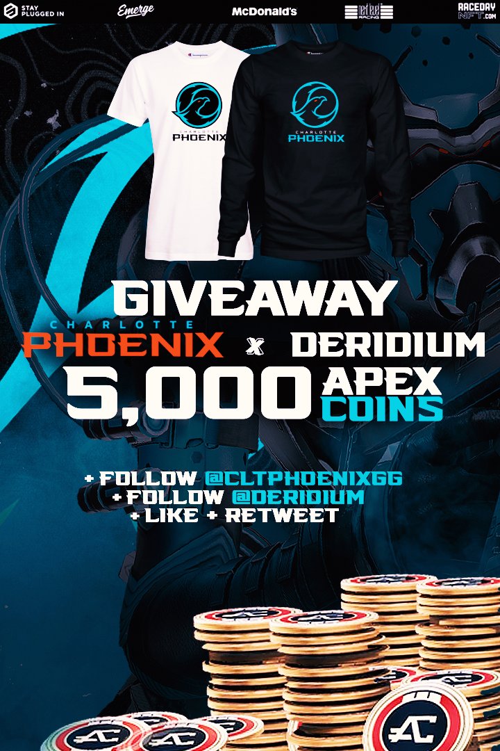DERlDIUM's tweet image. Charlotte Phoenix x DERIDIUM
                   #ApexLegends Giveaway
            🔴 5,000 Apex Legends Coins
            🔴 Exclusive @CLTPhoenixGG Merch
- Follow 
     @CLTPhoenixGG  &amp;amp; @DERlDIUM 
- Like &amp;amp; Retweet
                                     ends 08.01.2022