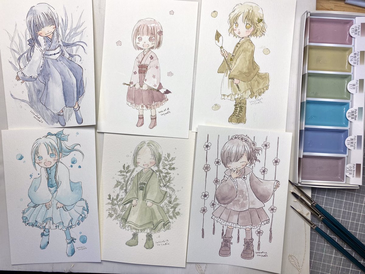 「絵墨淡の色の名前が小梅たん♡とかに聞こえるので、それぞれの色のイメージで描いてみました」シリーズ、揃ったので並べてみました。
改めて見るとどれもとても可愛い素敵なお色💕

それにしてもやっと完走かよ!ですね。描くの本当に遅いなぁ……😇 