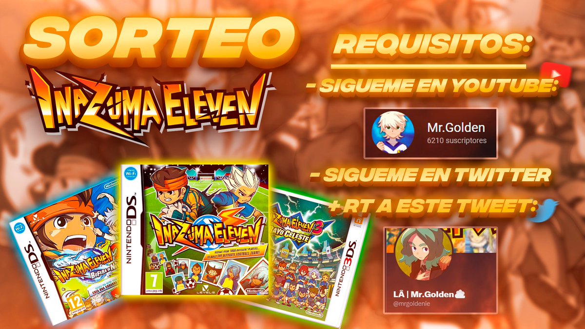 ☁️⚡️ SORTEO INAZUMA⚡️☁️

➡️ Suscribete a Mr.Golden 
➡️ Sigueme en Twitter
➡️ Dar RT a este Tweet

🌩️ ¡Muchísima suerte! 🌩️