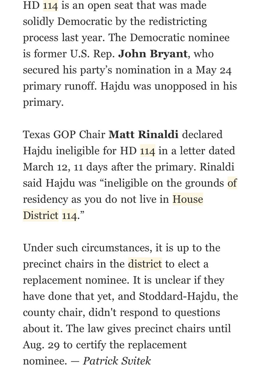 From earlier this week: Unclear if there’s a Republican nominee for solidly blue #HD114 in Dallas after primary winner is declared ineligible due to residency. Dems allege it was a scheme to get a fresh nominee post-primary; GOP denies but won’t say what’s next. #txlege