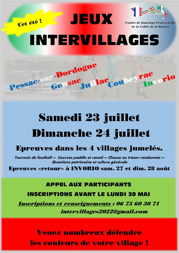 LoisirsenFrance's tweet photo. #sorties #tourisme Jeux intervillages: Jeux intervillages (Pessac sur Dordogne, Gensac, Juillac, Coubeyrac, Invorio), épreuves dans les 4 villages jumelés. Tournoi de football, courses paddle et canoë, chasse au trésor randonnée, question patrimoine et... https://t.co/E2nRnP2PKJ https://t.co/TiPmqb6LTI