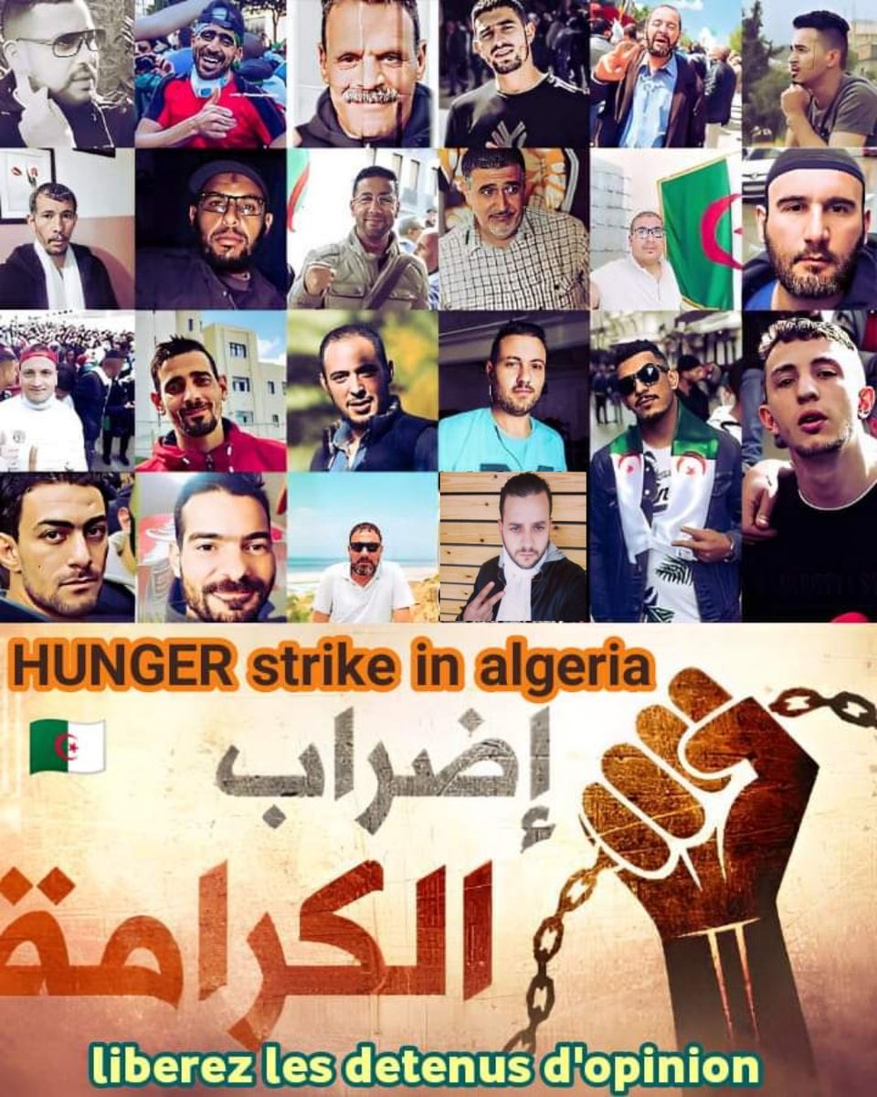 معتقلي الحراك في إضراب عن الطعام 
الحرية لجميع معتقلي الرأي 

#إضراب_المعتقلين
#إضراب_الكرامة_2
#hunger_strike_in_algeria_2
#dignity_strike_2
#greve_de_la_dignite_2
#الحرية_لمعتقلي_الراي
#الحبس_المؤقت_جريمة