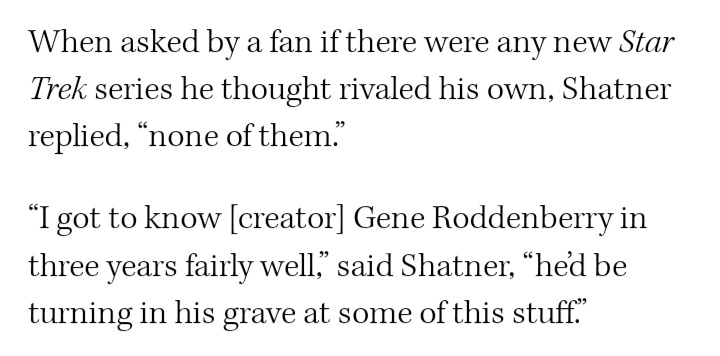 ClassKlingon's tweet photo. When dippy NuTrek fans start throwing about that Nimoy quote about "canon" as though it allows Kurtzman to do whatever the f**k he wants with Star Trek, we now have a perfect quote to throw back at them!! 

Thanks, William Shatner! 😄😄😄 https://t.co/Lzxn3FmYo7