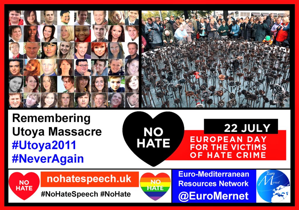 NoHateSpeechUK's tweet photo. Today is the European Day for the Victims of Hate Crime. It's also the anniversary of the #UtoyaMassacre.
We commemorate this sad anniversary and we continue to both hope for and work towards a world free from hate speech and hate crimes. 
Love, peace and solidarity. ❤️🕊🙏🌿✊️ https://t.co/Rg3YZTTje7