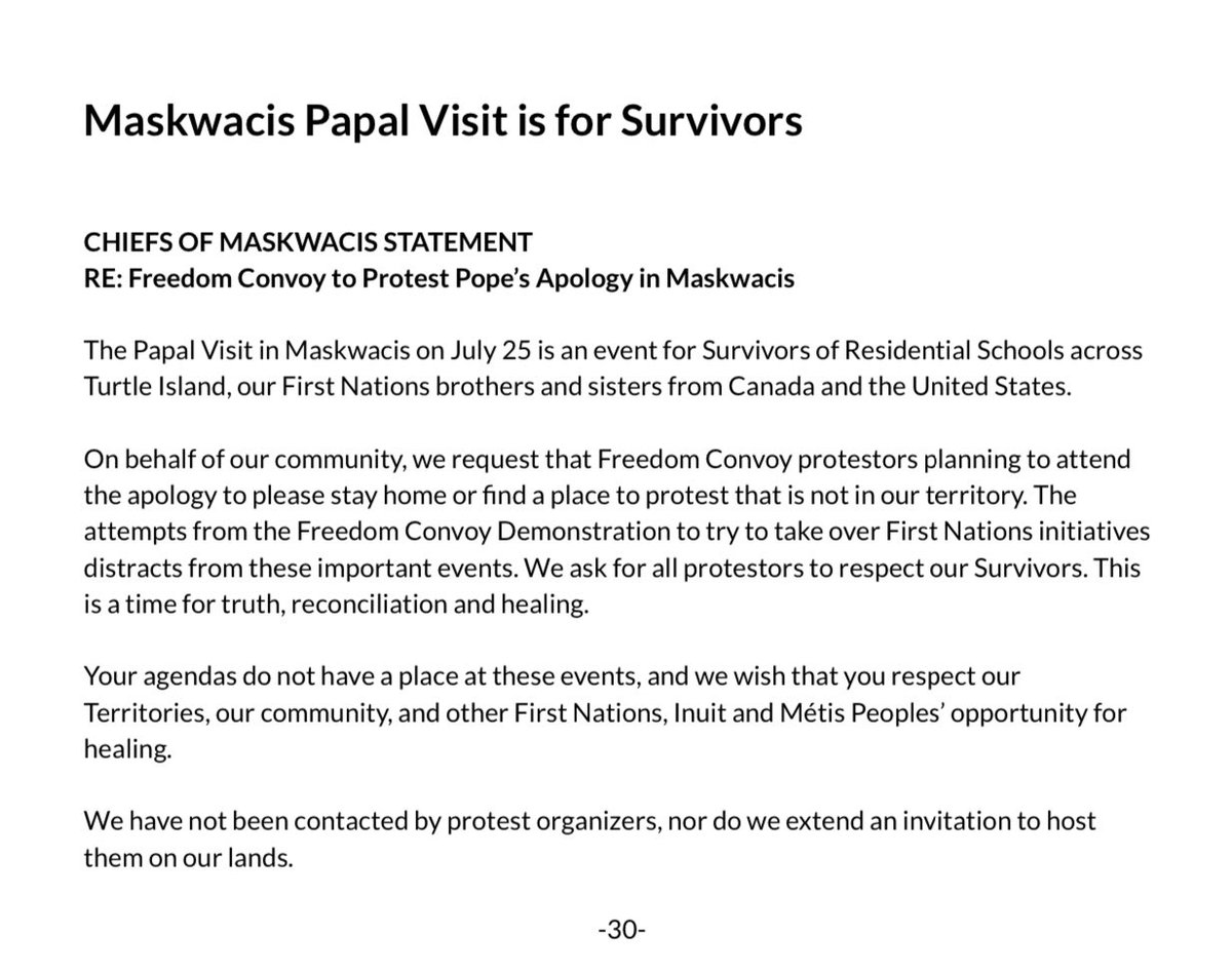 #New: Chiefs of Maskwacis tell Freedom Convoy protesters planning to see Pope Francis on Monday to stay away from their territory ⬇️