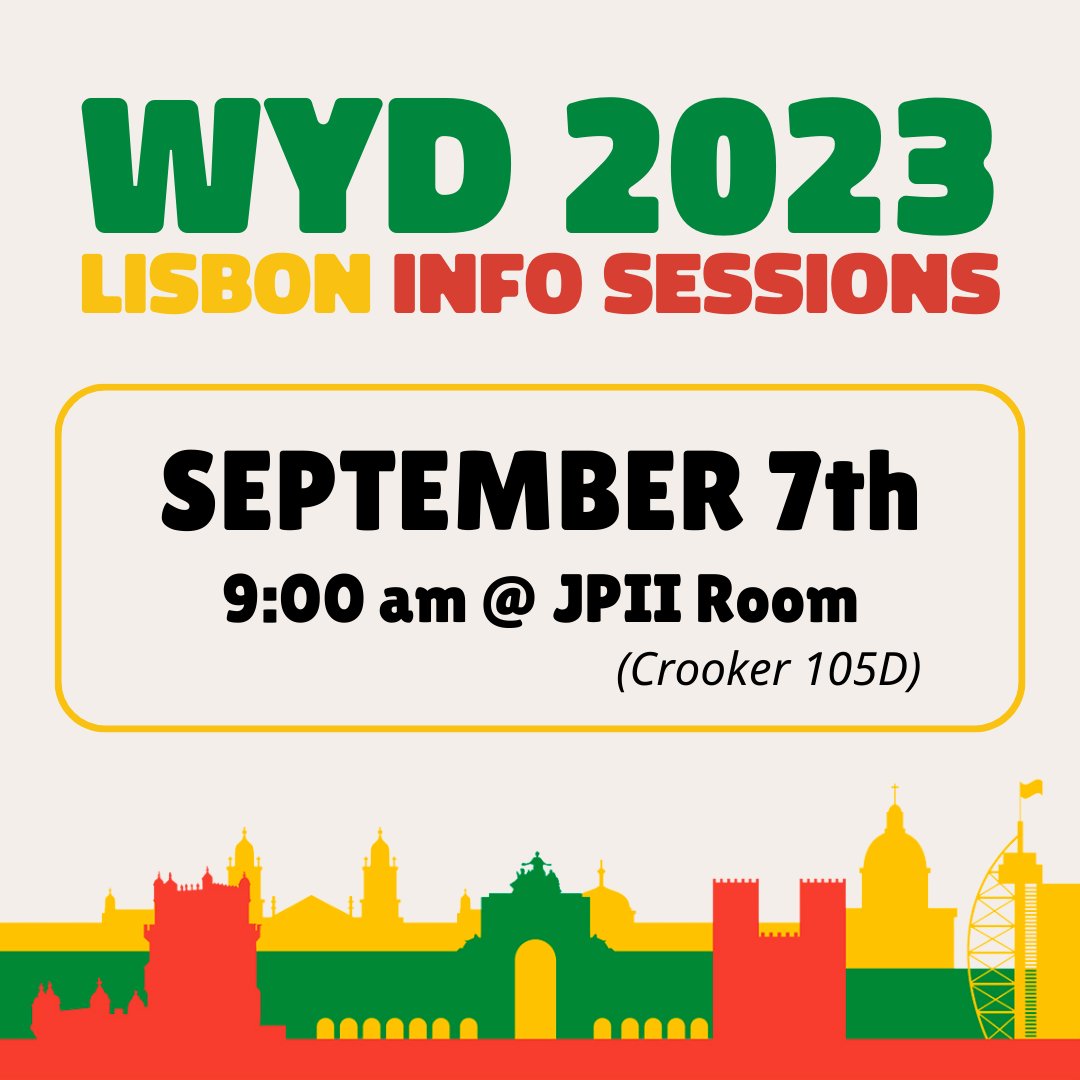 CeltCampusMin's tweet photo. Learn more about World Youth Day, where we'll be going, and how to sign up at one of our info sessions! 💚💛❤️ All are welcome! 🙌 All meetings will be held in the St. John Paul II room (Crooker 105D) and over zoom! https://t.co/NU5xp8hKa0