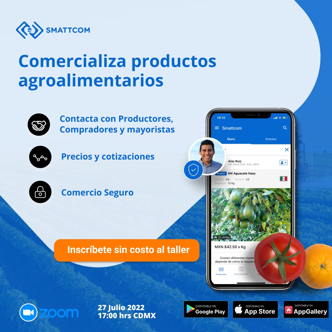 Smattcom's tweet image. Conoce la nueva forma de #Comercializar en el #agro.

Te invitamos al Taller sobre el uso de la App #Smattcom.

📅 Miércoles 27 de julio, 17:00 hrs. #CDMX, via Zoom.

Inscríbete ahora y participa sin costo en el taller👉
info.smattcom.com/taller-de-uso-…
