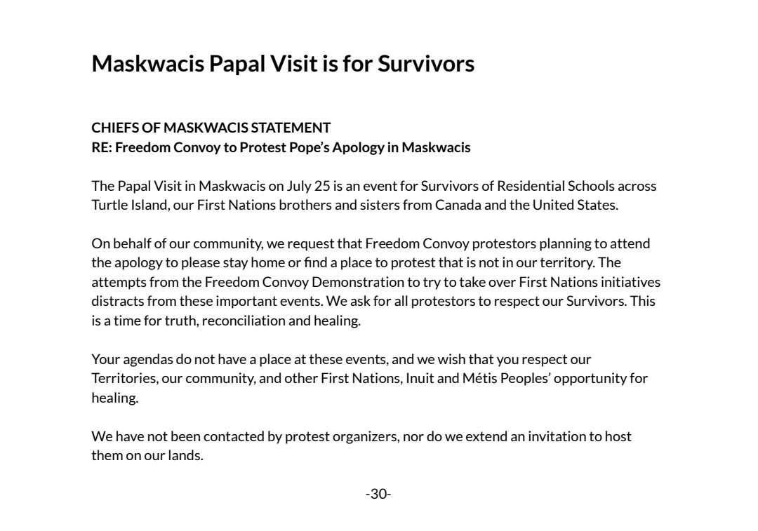 DennisWardNews's tweet photo. Chiefs of Maskwacis "request that Freedom Convoy protestors planning to attend the apology to please stay home" https://t.co/FLn6LRrw8A