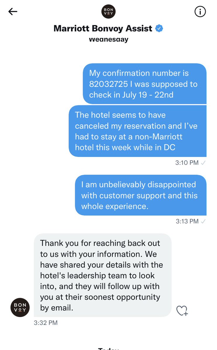 emeadows103's tweet photo. ⁦@MBonvoyAssist⁩ ⁦@IHGOneRewards⁩ ⁦@HiltonHotels⁩  what would you consider a reasonable response time for a stranded traveler? Couple of days? https://t.co/1XtZQglMJO